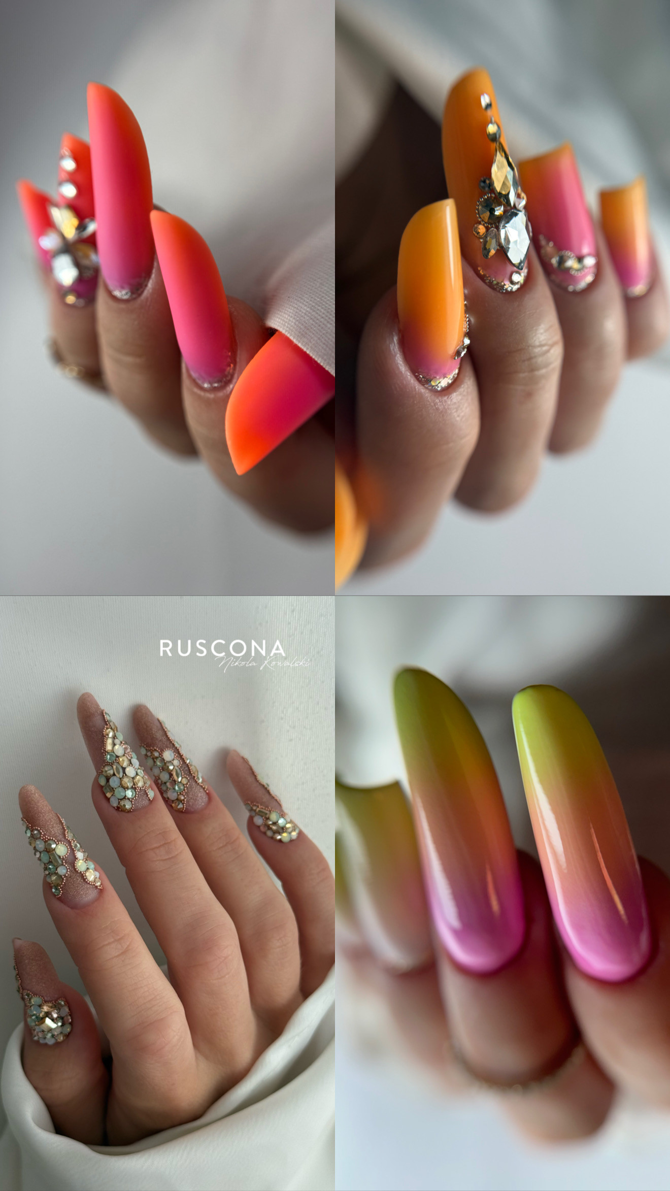 Dlouhá moderní modeláž s růžovo-oranžovým ombré od Nikoly Kowalski